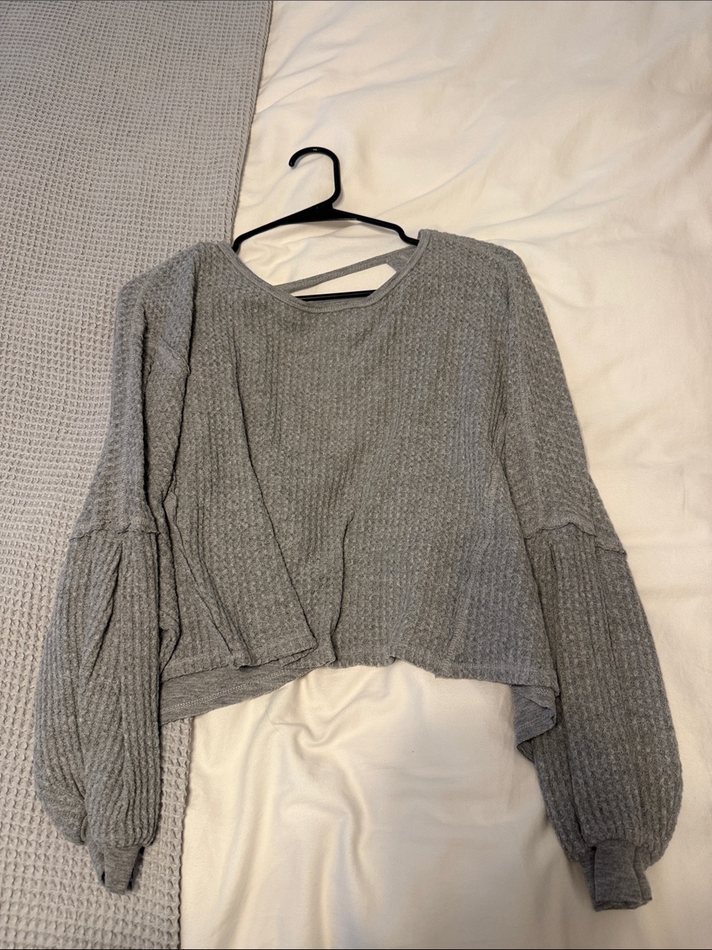 We The Free Heather Gray Ribbed Balloon-Sleeve Long Sleeve Top